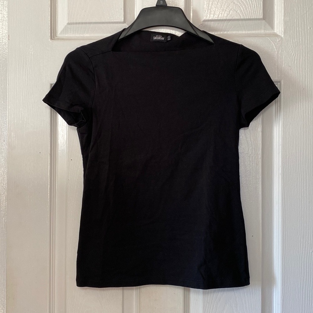 Kate Spade Black Slash Boatneck Short Sleeve Cotton Shirt